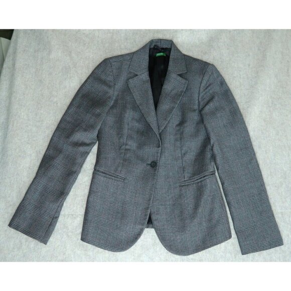 VTG OF Benetton Wool Tweed Blazer Gray Plaid Shoulder Pads Women's Italy 38 US 4 - Picture 1 of 11